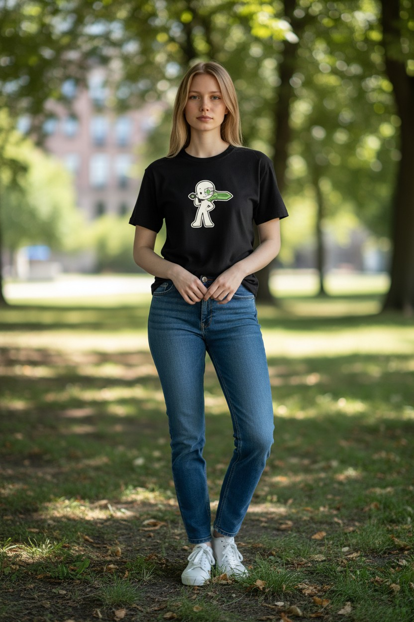 Woman wearing a black t-shirt with a graphic design in a park